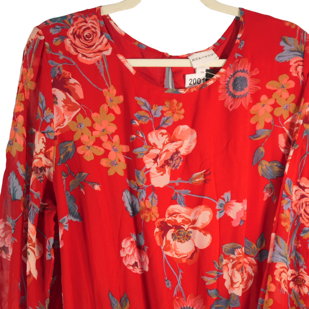 Ava & Viv Floral Dress Womens 2XL Red Mini Pleated Sheer Sleeve Cottagecore - Picture 3 of 7